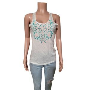 Biza racetrack white tee with front print sleeves pullover top M